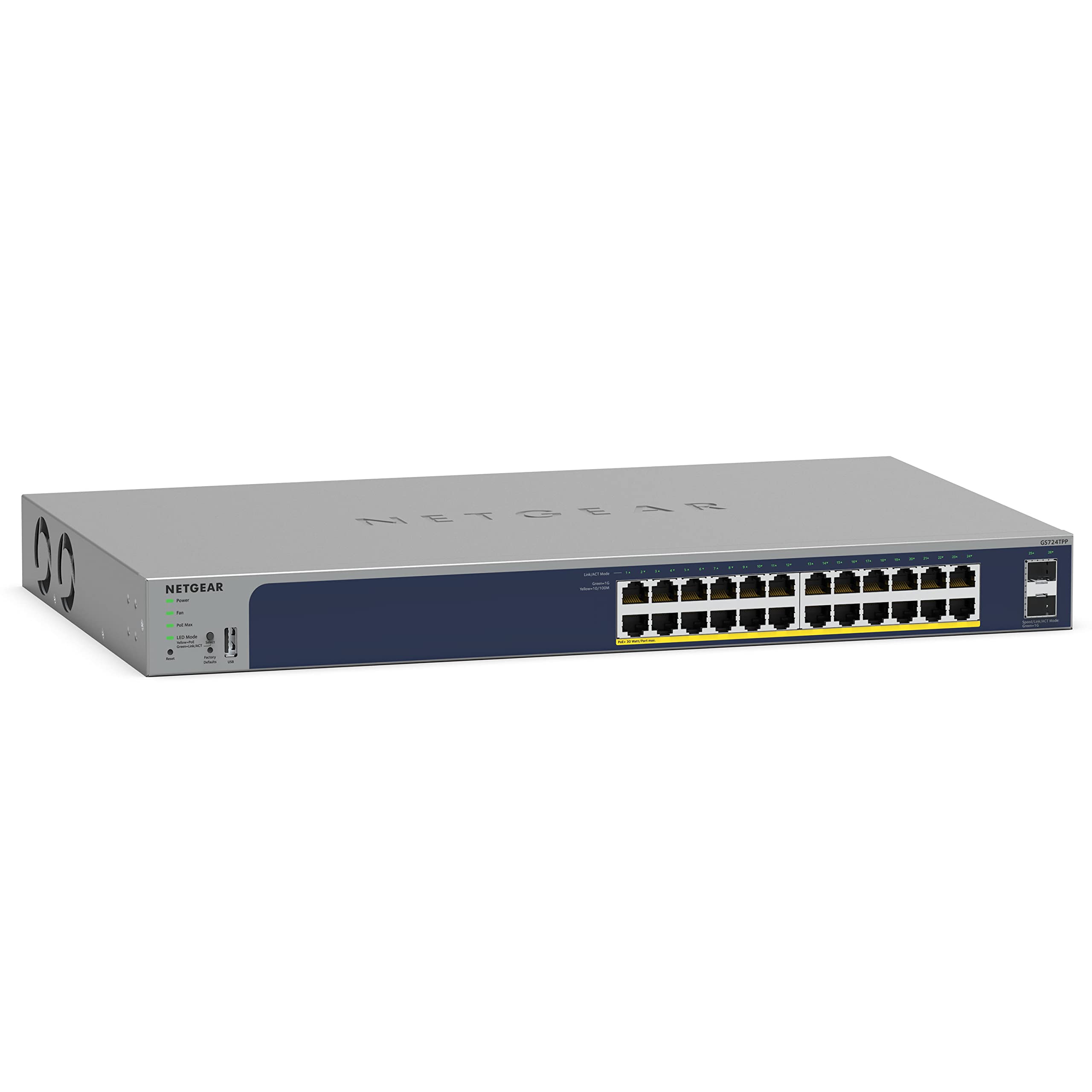 NETGEAR 26-Port PoE Gigabit Ethernet Smart Switch (GS724TPP) - Managed, Optional Insight Cloud Management, 24 x PoE+ @ 380W, 2 x 1G SFP, Desktop or Rackmount, and Limited Lifetime Protection
