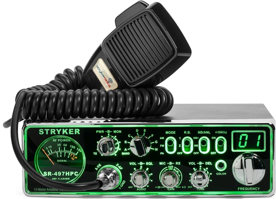 Stryker SR-497HPC 10 Meter Radio, High Power 100+ Watts PEP Power Output, Brilliant 12 Color Black Light Front Panel, Up-Armored Receiver, Variable Talk Back Control, Two Different Roger Beeps