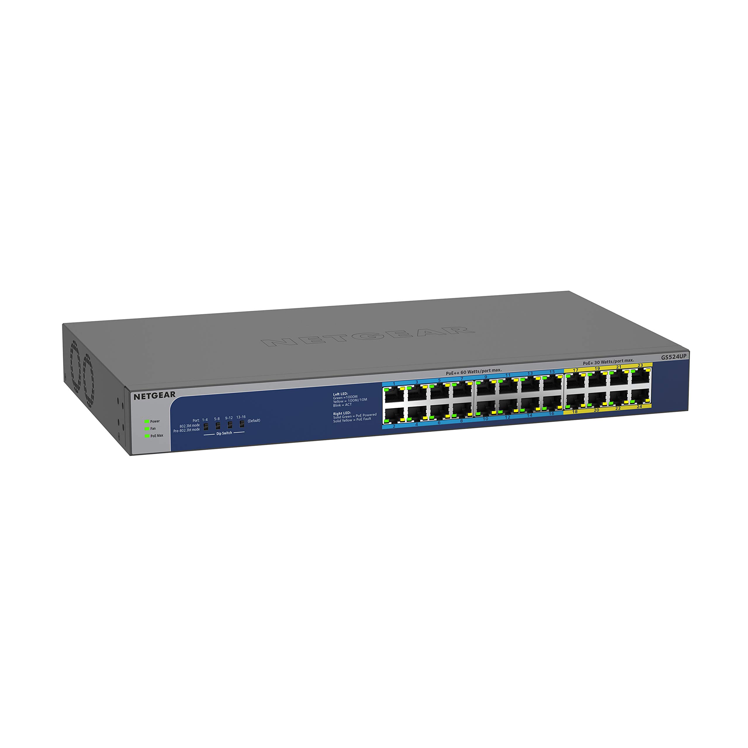 NETGEAR 24-Port Gigabit Ethernet Unmanaged PoE Switch (GS524UP) - with 8 x PoE+ and 16 x Ultra60 PoE++ @ 480W, Desktop or Rackmount