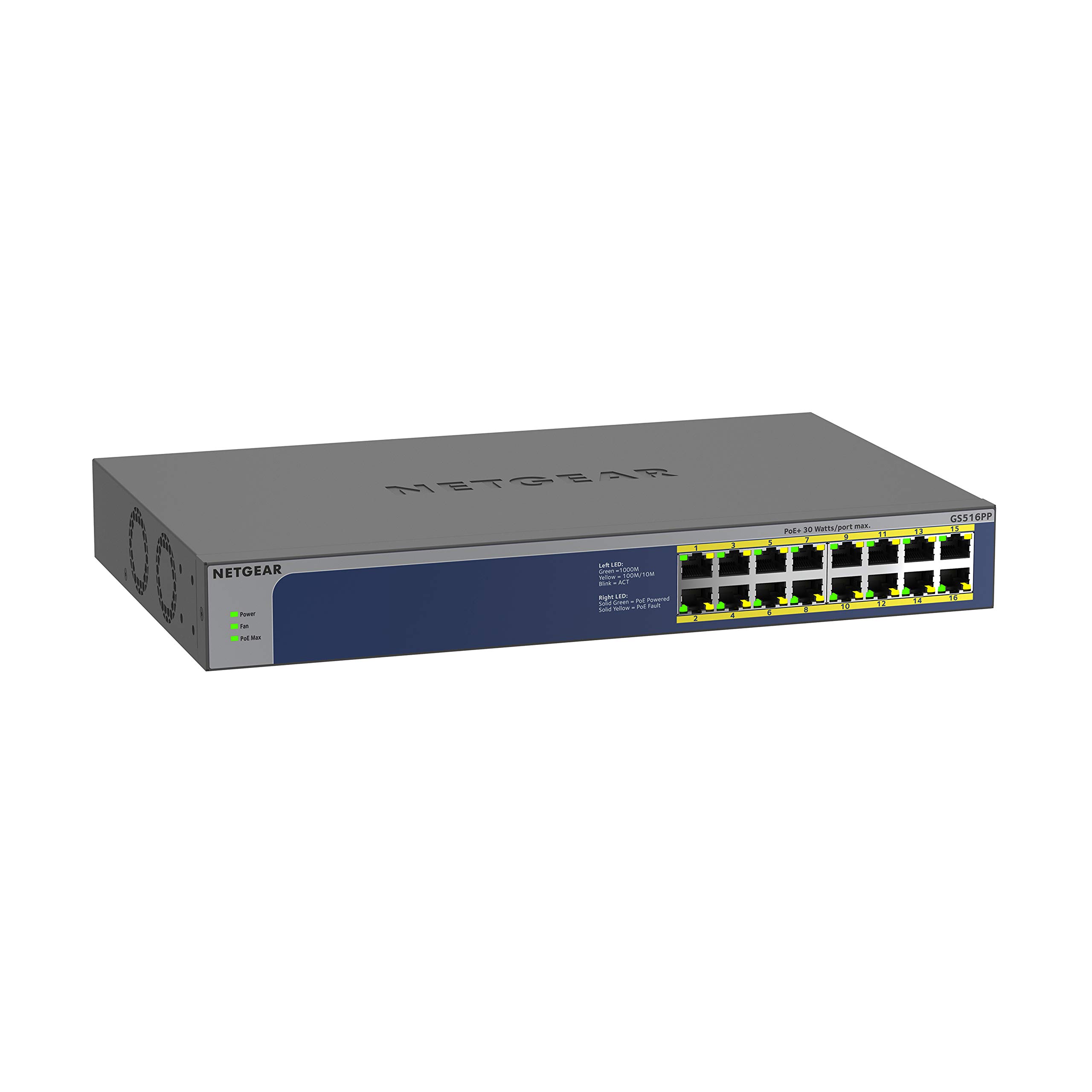 NETGEAR 16-Port Gigabit Ethernet Unmanaged PoE Switch (GS516PP) - with 16 x PoE+ @ 260W, Desktop or Rackmount